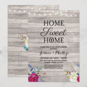 新築パーティー ピンクの花 新しい家 灰色の木 招待状 (正面/裏面)