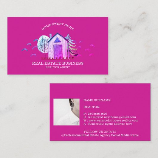 新築一戸建ての不動産エージェント ピンク 名刺 (正面/裏面)
