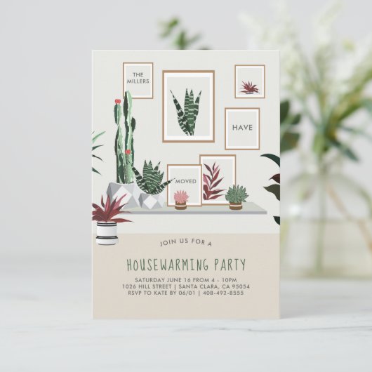 新築祝いパーティーへの招待 | 鉢植えの植物 招待状 (スタンド正面)