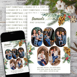 新米ママのためのクリスマスフォトカード 5枚の写真とヒイラギとモミのデザイン シーズンカード