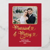 新結婚したメリー婚の初めてのクリスマスPhoto Red 箔シーズンポストカード (正面)