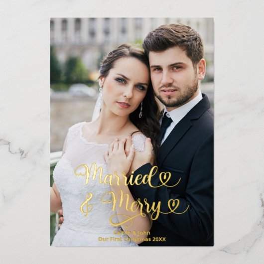 新結婚したメリー婚の第1回のクリスマス写真ハート 箔シーズンカード (正面)