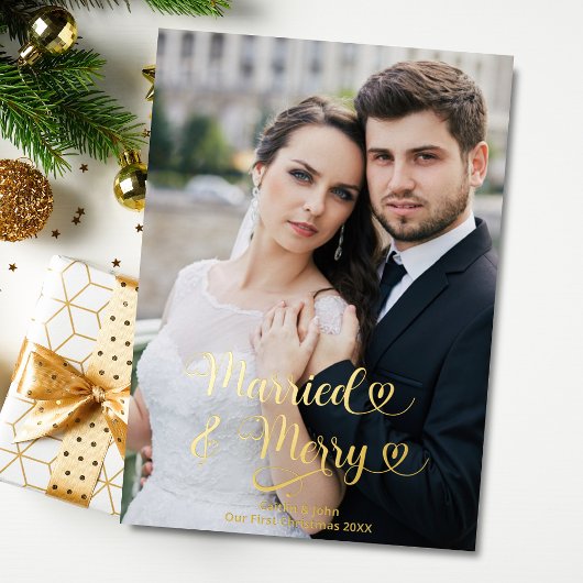 新結婚したメリー婚の第1回のクリスマス写真ハート 箔シーズンカード