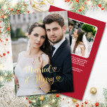新結婚したメリー婚の第1回のクリスマス写真ハート 箔シーズンカード<br><div class="desc">これ結婚したと私たちの初めてのクリスマスのメリー2-photo金ゴールドフォイルのクラシック付きグリーティングカードは新しいカップルの初めてのクリスマスに完璧な方法です，そのクリーンでフォントとの休日の色と2つの写真のための部屋と背面の赤い背景のメッセージと同様に祝。"とよくはしゃぐ"のメメリーッセージは、一緒に彼らの最初の休暇のシーズンに思い祝を持って感傷的な方法である。このカードはピローや結婚したオーナメントなどメリーのコレクションやコレクションの一部である！私のすべてのデザインはZazzleの任意の製品に転送でき運る。特別なカスタムデザインのリクエストや問い合わせについては、メッセージを送信する。注文に関するお問い合わせ、返品、交換は、Zazzleカスタマ連絡ーサポートチーム(https://www.zazzle.com/about/ask)までお問い合わせください。ありがとうストップございます！©PoppyMeadowDesigns 2023</div>