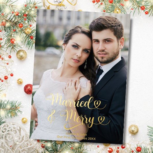 新結婚したメリー婚の第1回のクリスマス写真ハート 箔シーズンカード