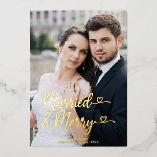新結婚したメリー婚の第1回クリスマスハート写真 箔シーズンカード (正面)