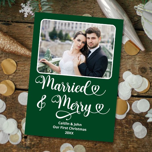 新結婚したメリー婚の1stクリスマスグリーンハート シーズンカード