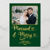 新結婚したメリー婚の1stクリスマスグリーンハート 箔シーズンカード (正面)