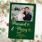 新結婚したメリー婚の1stクリスマスグリーンハート 箔シーズンカード