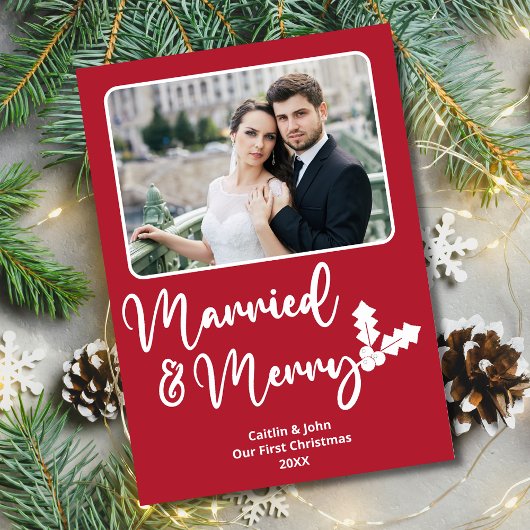 新結婚したメリー婚初めてのクリスマス写真レッド シーズンカード
