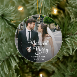 新結婚したメリー婚1stクリスマスフォトラウンド セラミックオーナメント