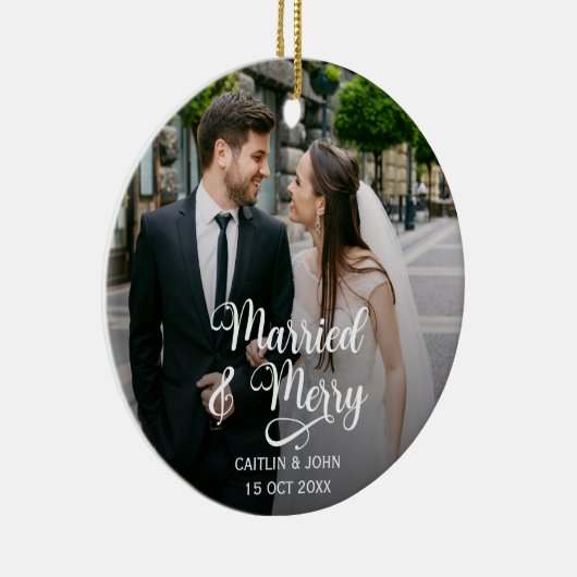 新結婚したメリー婚1stクリスマスフォトラウンド セラミックオーナメント (右)