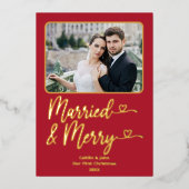 新結婚したメリー婚1stクリスマスフォトレッド 箔シーズンカード (正面)