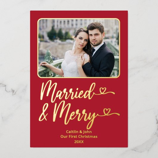 新結婚したメリー婚1stクリスマスフォトレッド 箔シーズンカード (正面)