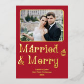 新結婚したメリー婚1stクリスマスレッド写真 箔シーズンカード (正面)