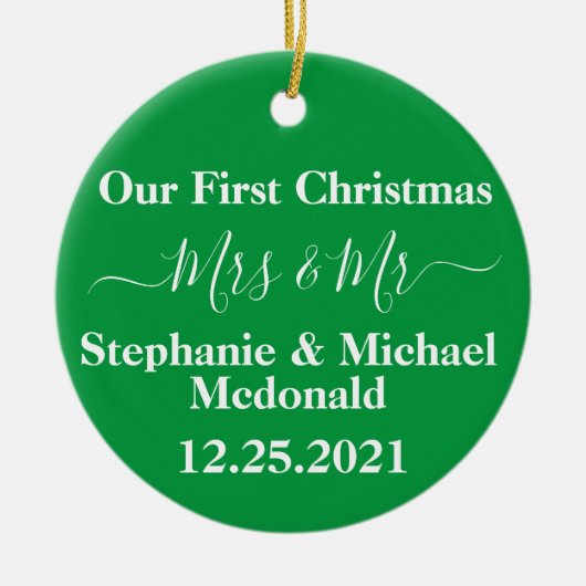 新結婚初めてのクリスマスさんパーソナライズされた セラミックオーナメント (正面)
