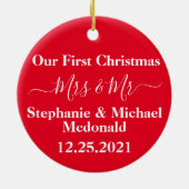 新結婚初めてのクリスマスさんパーソナライズされた セラミックオーナメント (裏面)