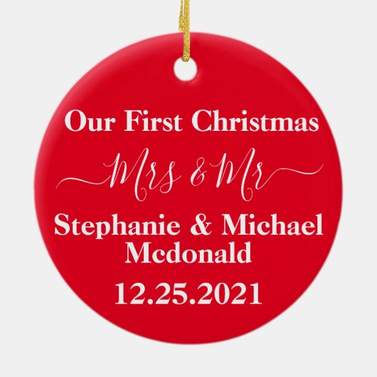 新結婚初めてのクリスマスさんパーソナライズされた セラミックオーナメント (裏面)