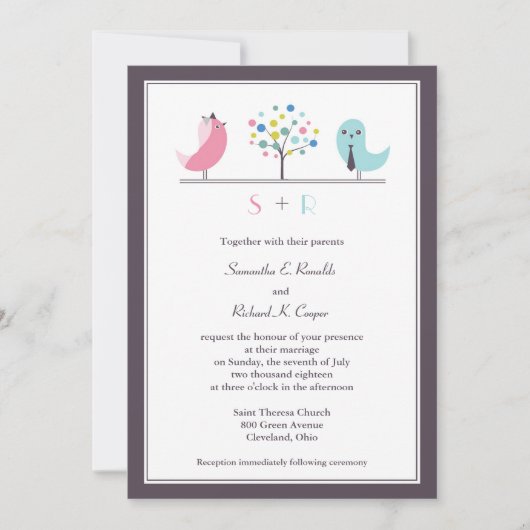 新結婚郎新婦の鳥のフラット招待状 招待状 (正面)