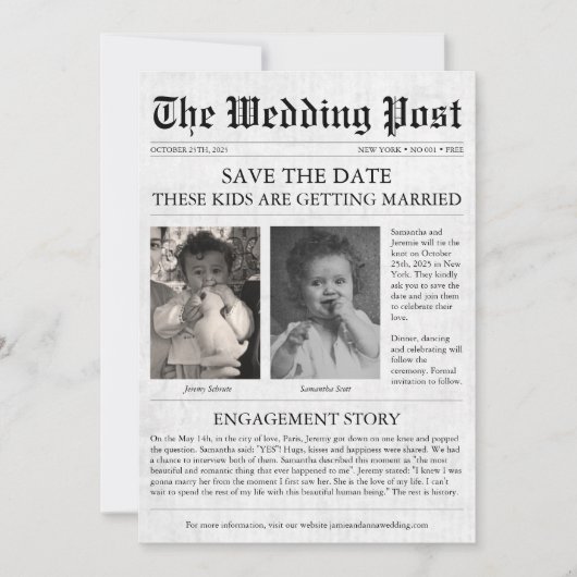 新聞おもしろいのユニーク子供が日付を保存結婚する 招待状 (正面)