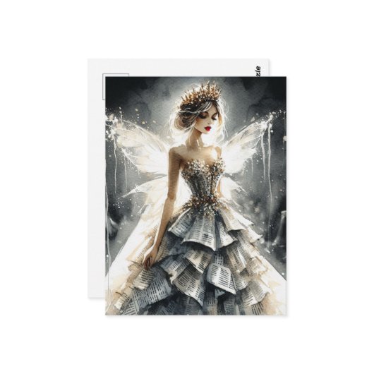 新聞で作ったファッションショーのドレスを着た妖精 ポストカード (正面/裏面インサイチュ)