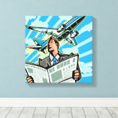新聞と飛行機を上に持つ実業家 キャンバスプリント (インサイチュ (ウッドフロア))