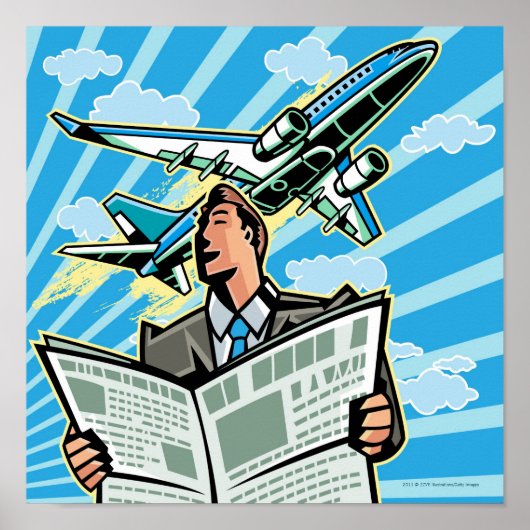 新聞と飛行機を上に持つ実業家 ポスター (正面)