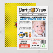 新聞のスーパーヒーロー誕生日パーティーの写真招待状