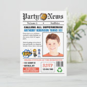 新聞のスーパーヒーロー誕生日パーティーの写真招待状 招待状 (スタンド正面)