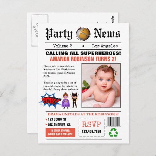 新聞のスーパーヒーロー誕生日パーティーの写真 ポストカード (正面/裏面)