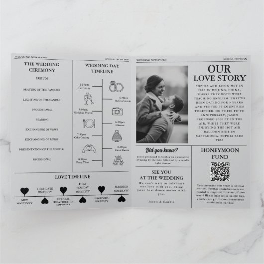 新聞のタイムラインとプログラムの結婚式招待状 カード (内部)