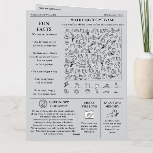 新聞のタイムラインとプログラムの結婚式招待状 カード (裏面)