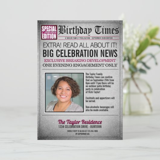 新聞のフロントページ 誕生日パーティーの招待状 招待状 (スタンド正面)