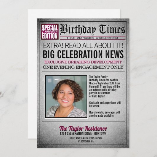 新聞のフロントページ 誕生日パーティーの招待状 招待状 (正面/裏面)