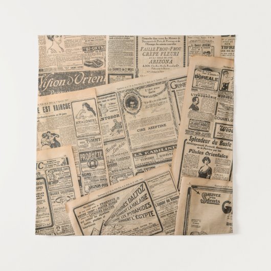 新聞のページとアンティーク広告の。ヴィンテージ タペストリー (正面)