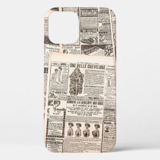 新聞のページにアンティーク広告のページ。女性の iPhone 12ケース
