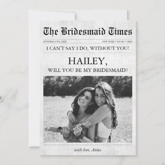 新聞のユニーク花嫁介添人の提案写真 招待状 (正面)