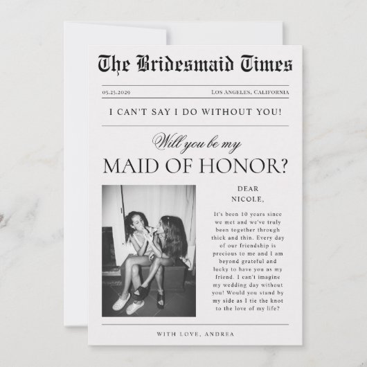 新聞の写真を使ったユニークなブライズメイドへのプロポーズ 招待状 (正面)