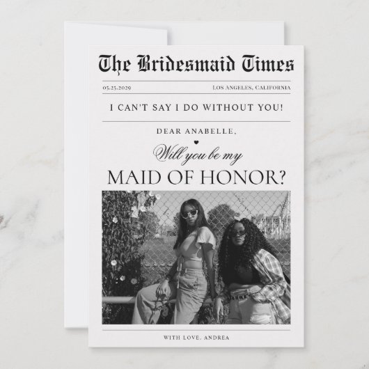 新聞の写真を使ったユニークなブライズメイドへのプロポーズ 招待状 (正面)