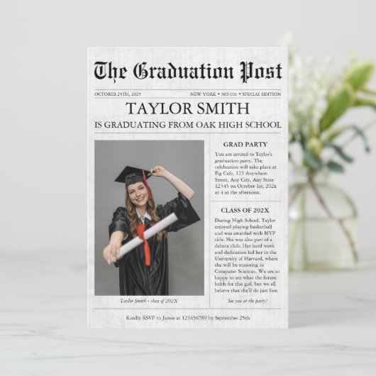 新聞の卒業発表パーティー写真 招待状 (スタンド正面)