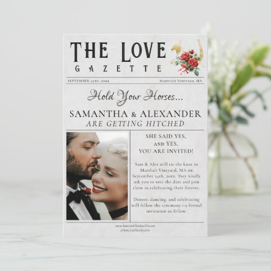 新聞の現代的な馬蹄ユニークな写真の結婚式 セーブザデート (スタンド正面)