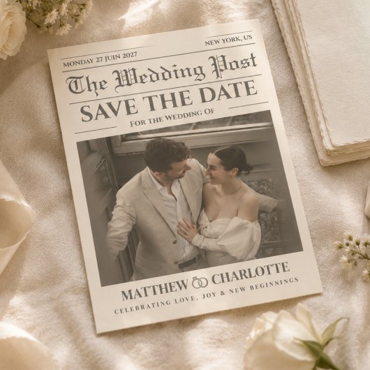 新聞の結婚式延期日案内状 ウォームアイボリー セーブザデート