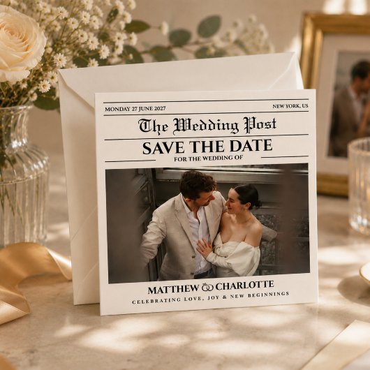 新聞の結婚式日程お知らせ ベージュカード セーブザデート