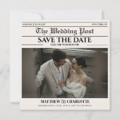 新聞の結婚式日程お知らせ ベージュカード セーブザデート (正面)