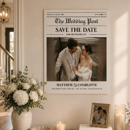新聞の結婚式日程お知らせ ベージュカード ポスター