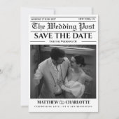 新聞の結婚式日程お知らせ 黒白 カード (正面)