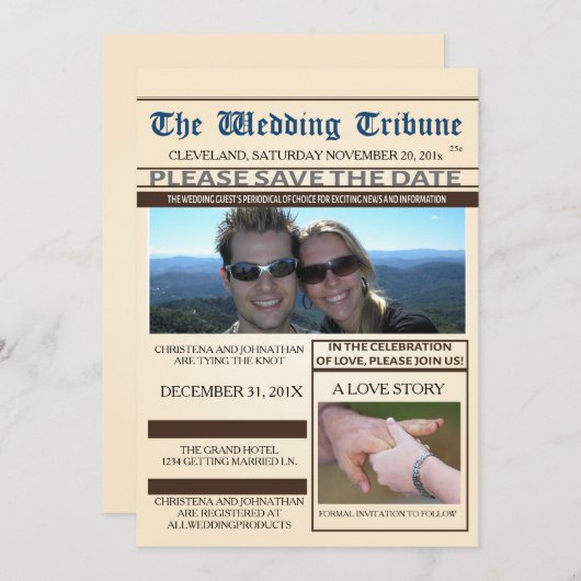 新聞の結婚式・Save The Dateのお知らせ 招待状 (正面/裏面)