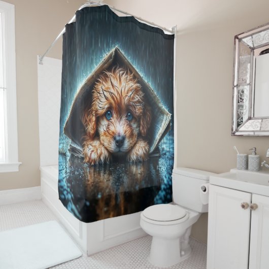 新聞の避難所の下で愛らしい濡れたワンちゃん シャワーカーテン (インサイチュ)