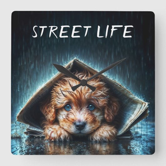 新聞の避難所の下で愛らしい濡れたワンちゃん スクエア壁時計 (正面)