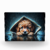 新聞の避難所の下で愛らしい濡れたワンちゃん フォトブロック (正面)